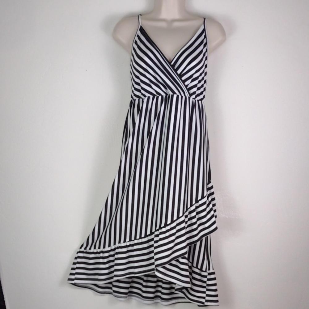 Black & White Striped Spaghetti Strap Midi Dress